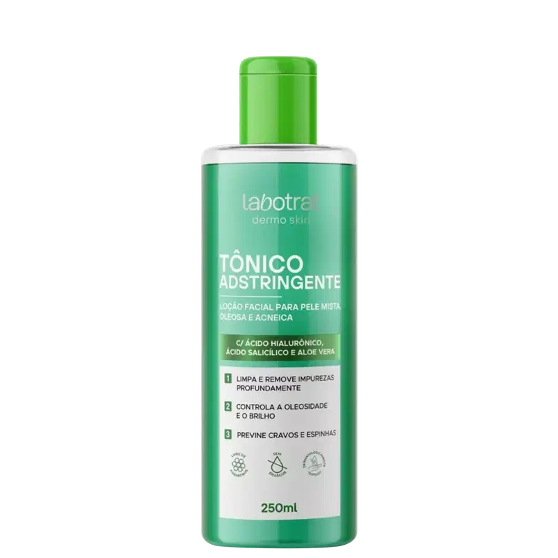 O produto apresentado é um Tônico Adstringente da marca Labotrat. A embalagem é um frasco plástico verde com tampa verde, contendo 250ml do produto.