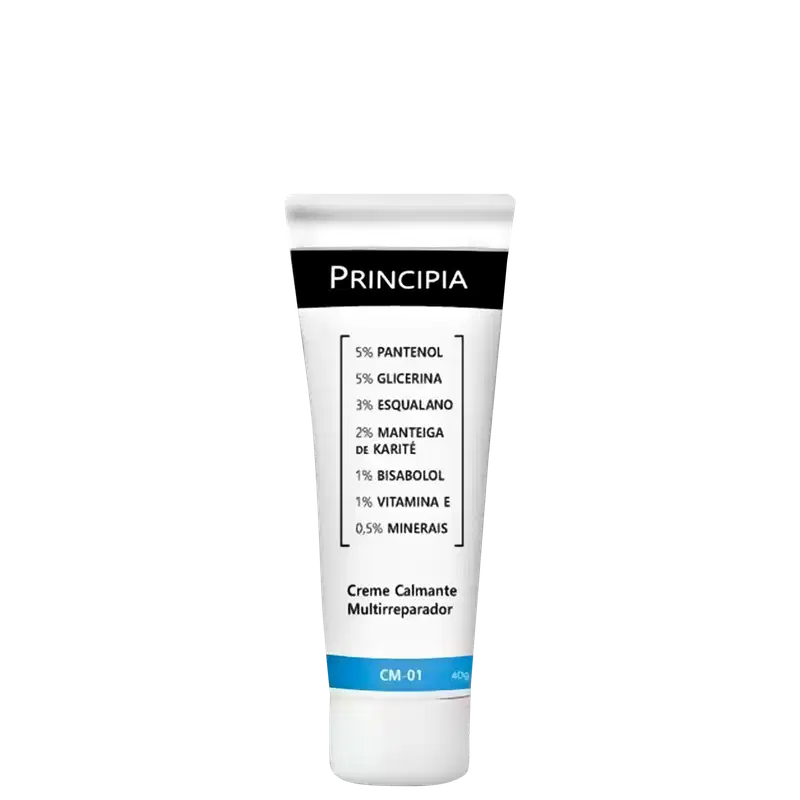 Tubo branco de creme multirreprador da marca Principia, com rótulo preto e azul listando os principais ingredientes como pantenol, glicerina e vitamina E.
