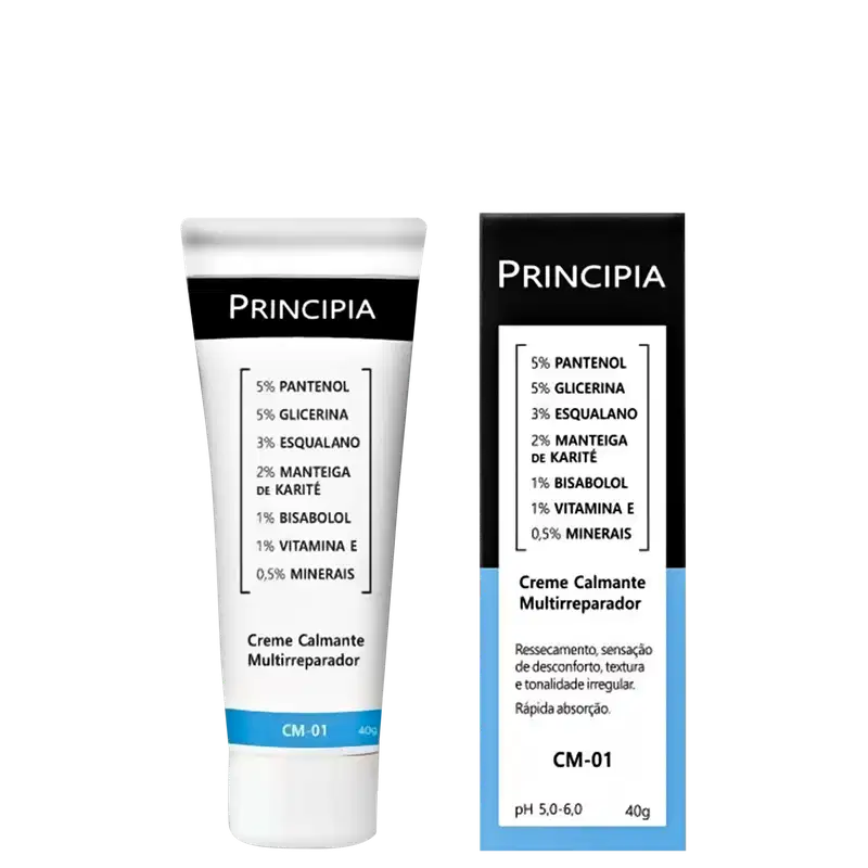 Um tudo de creme multirreparador branco e preto, e uma caixa preta com informações sobre os ingredientes e benefícios do produto.