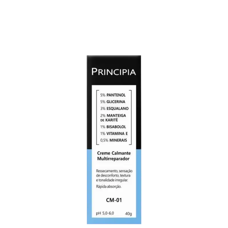 Creme Calmante Multireparador da marca Principia, em embalagem preta com detalhes em azul, contendo informações sobre os ingredientes e propriedades do produto.