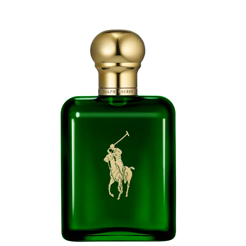 A imagem mostra um frasco de perfume verde, com tampa dourada e a logo da marca no frasco também em dourado.