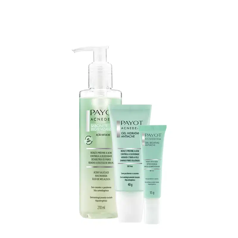 Kit Payot Acnederm Gel Hidratante Antiacne Secativo e Sabonete Líquido (3 produtos)