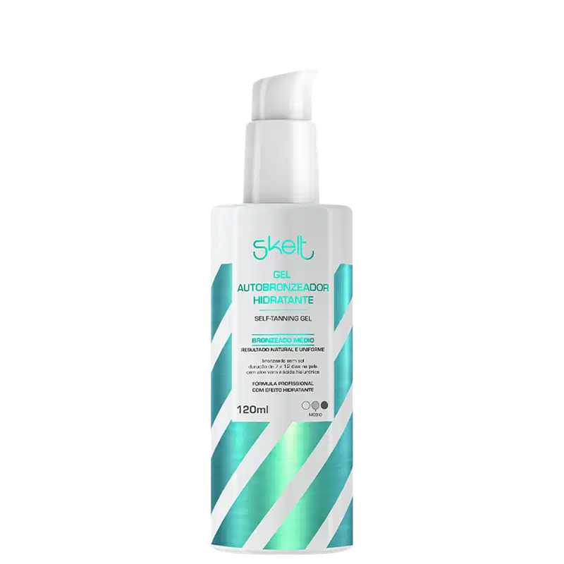 Gel Autobronzeador Skelt Bronze & Glow. Possui frasco cilíndrico, com tons de branco e azul metálico.