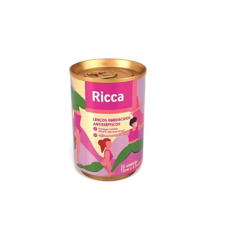 Lata com lenços umedecidos antissépticos, da marca Ricca.