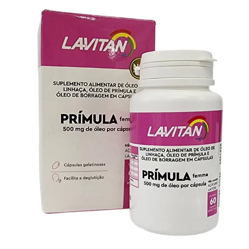 Cimed Lavitan Suplemento Alimentar Prímula Femme 500mg de Óleo por cápsula - 60 Cápsulas Gelatinosas e caixa ao lado