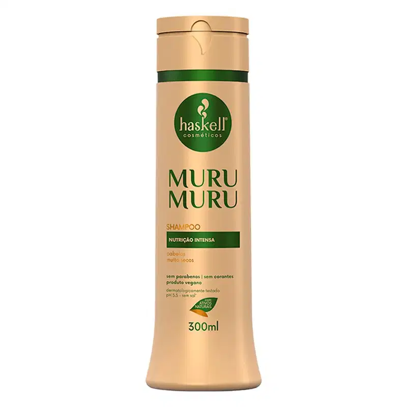 Shampoo Haskell, chamado "MuruMuru". A embalagem é um frasco dourado com um rótulo verde, contendo 300ml do produto. O rótulo apresenta informações sobre a composição do shampoo, destacando que é "sem parabenos, sem corantes" e "produto vegano".