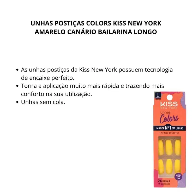 Unhas Postiças Colors Kiss New York Amarelo Canário Bailarina Longo