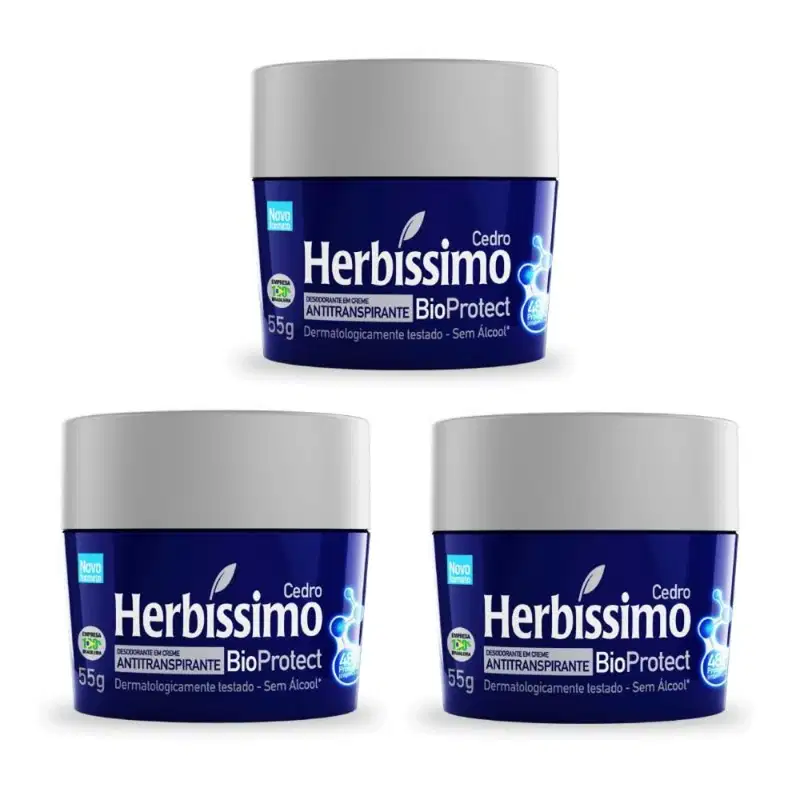 Kit 3 Desodorante Creme Herbissimo Bioprotect Cedro Antitranspirante 55g