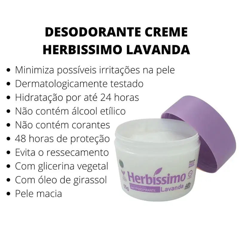 Kit 12 Desodorante Creme Herbissimo Lavanda Antitranspirante 55g