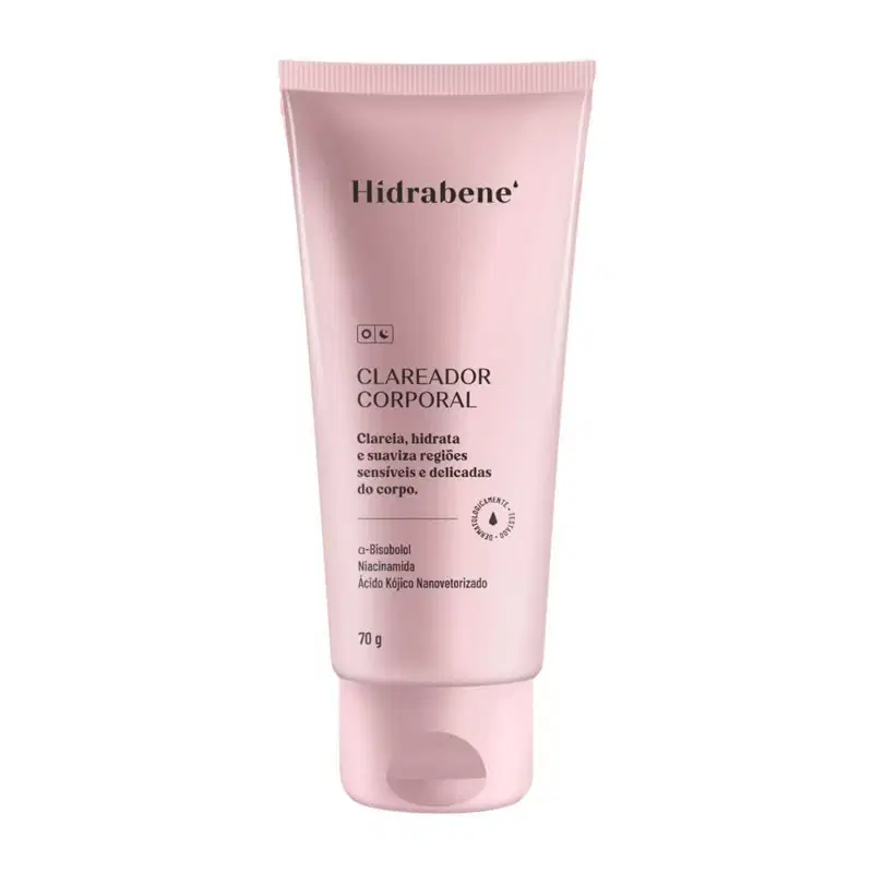 Creme corporal Hidrabene. A embalagem é um tubo rosa com o nome da marca e do produto "Clareador Corporal" impresso. O rótulo tem informações sobre os ingredientes e benefícios, como clarear, hidratar e suavizar regiões sensíveis e delicadas do corpo.