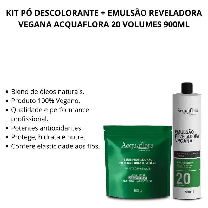 Kit Pó Descolorante + Emulsão Reveladora Vegana Acquaflora 20 Volumes 900ml