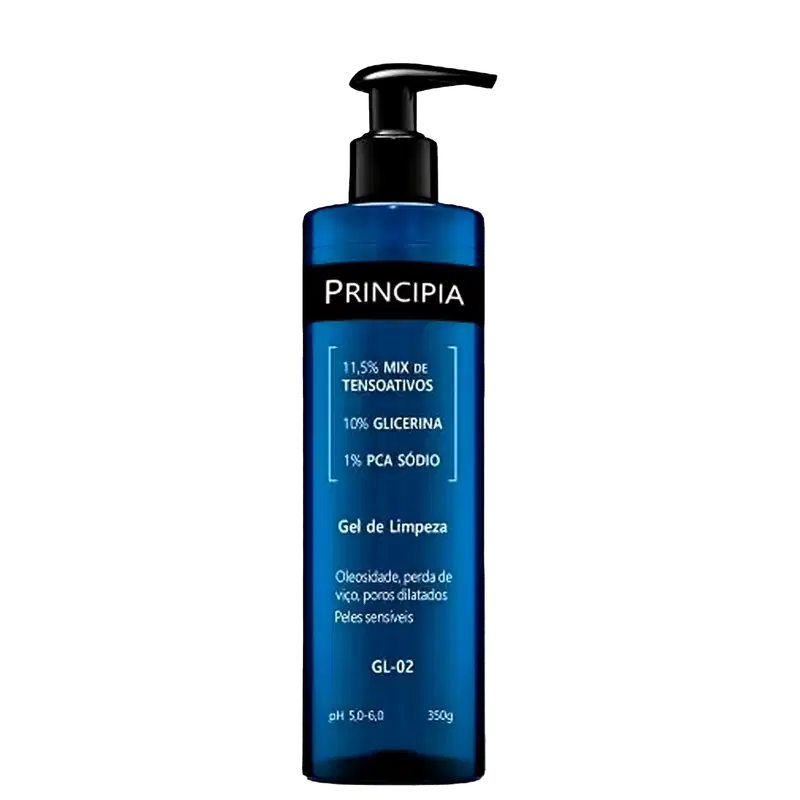 Frasco de gel de limpeza da marca Principia, com bomba dosadora preta. Embalagem azul com rótulo destacando a composição do produto.