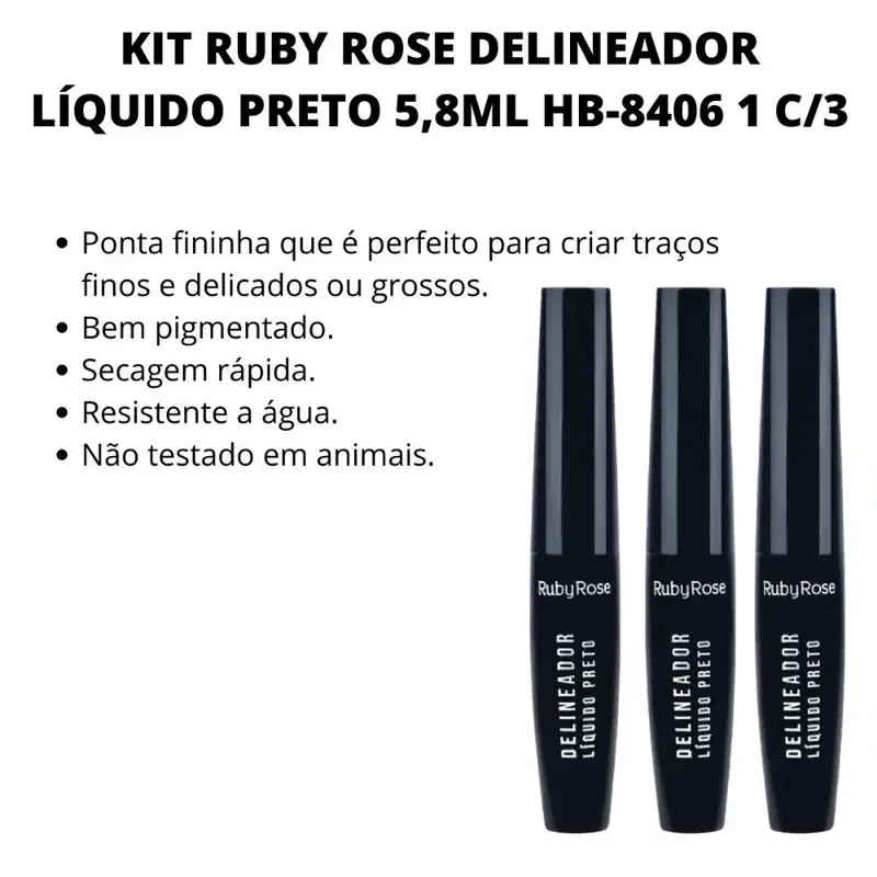 Kit Ruby Rose Delineador Líquido Preto 5,8ml Hb-8406 1 C/3