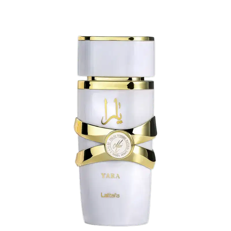 Frasco de perfume branco e dourado da marca Lattafa, com rótulo dourado exibindo o nome "Yara". O frasco possui uma tampa dourada e uma faixa dourada em torno da embalagem.