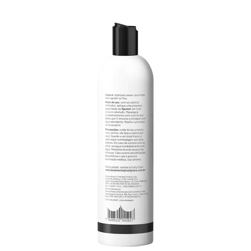 Shampoo suave em embalagem plástica branca e preta. A embalagem é um frasco cilíndrico com tampa preta. O rótulo em português fornece instruções de uso e informações do produto.