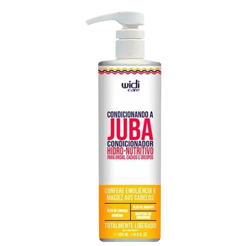Para cabelos, cacheados e crespos. Embalagem plástica branca com bomba dosadora. Rótulo com texto em letras vermelhas grandes e detalhes em amarelo. Listras onduladas coloridas na parte superior. Tamanho de 500ml indicado na embalagem.