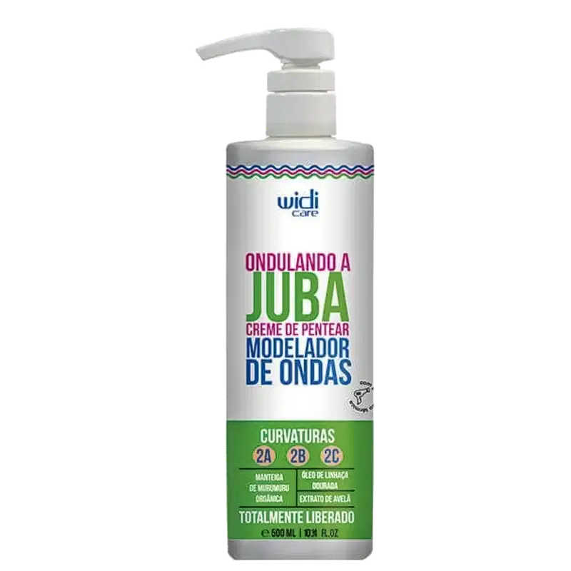 Creme de pentear modelador de ondas. Embalagem plástica branca com bomba dosadora. Rótulo com texto em português destacando as curvaturas 2A, 2B e 2C para as quais é indicado. Cores predominantes são branco, verde, roxo e azul.