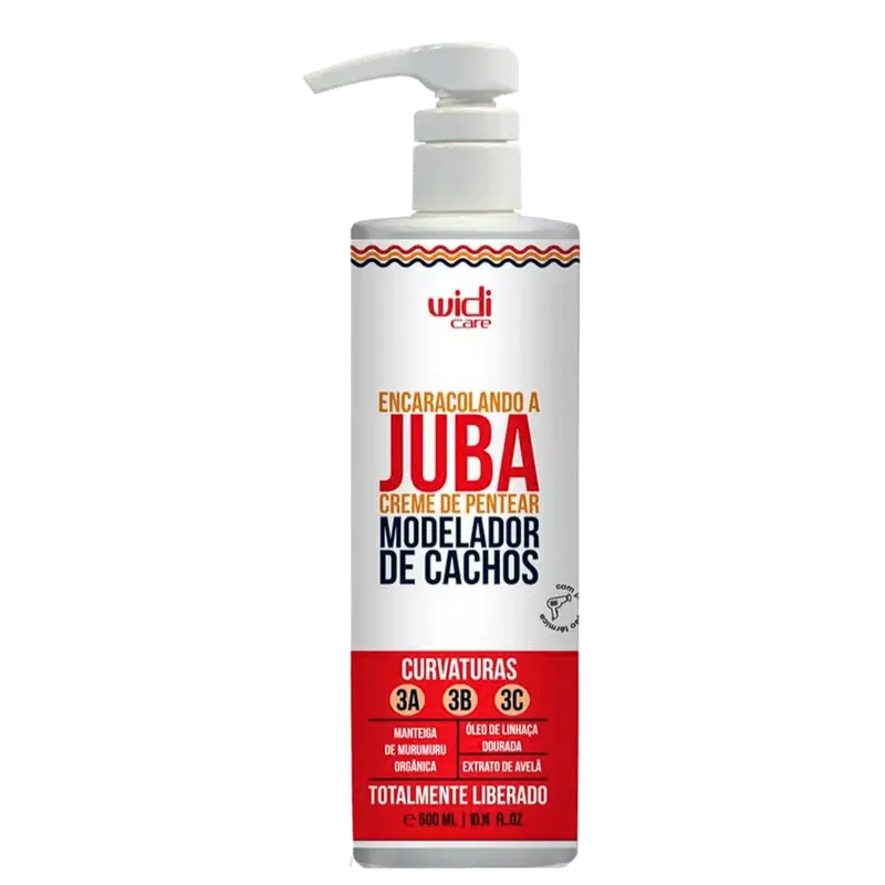 A embalagem é um frasco plástico branco com uma bomba dosadora. O rótulo frontal tem o nome do produto "Encaracolando a Juba" em letras vermelhas e pretas, além de detalhes sobre suas propriedades para definir cabelos 3A, 3B e 3C.
