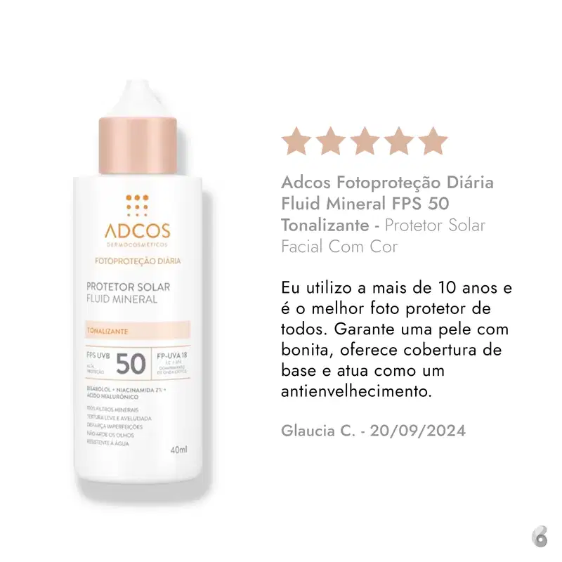 Adcos Fotoproteção Diária Fluid Mineral FPS 50 Tonalizante - Protetor Solar Facial Com Cor 40ml