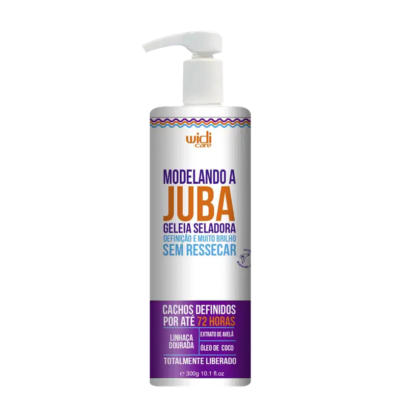 Embalagem plástica branca com bomba dosadora. Rótulo em tons de roxo, laranja e azul. "Geleia Seladora Definição e Muito Brilho Sem Ressecar". Cachos definidos por até 72 horas, linhança dourada e extrato de avelã.