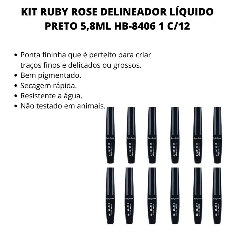 Kit Ruby Rose Delineador Líquido Preto 5,8ml Hb-8406 1 C/12