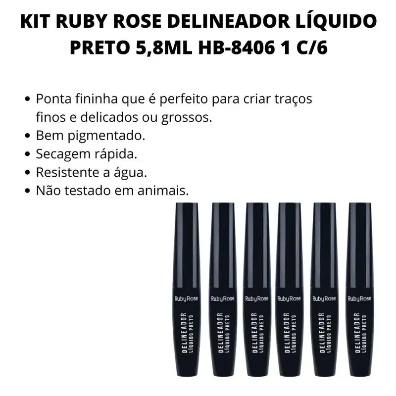 Kit Ruby Rose Delineador Líquido Preto 5,8ml Hb-8406 1 C/6