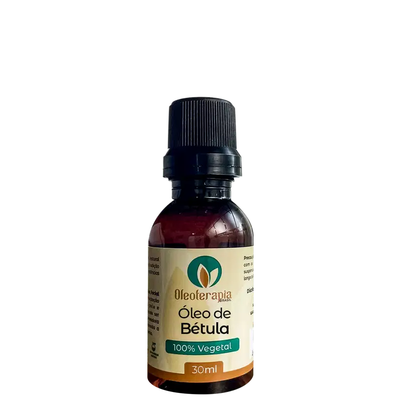O produto apresentado é um frasco de Óleo de Bétula da marca Oleoterapia Brasil, um produto 100% vegetal com 30ml de volume.