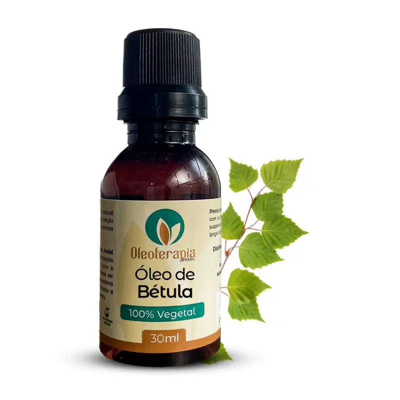 O produto apresentado é um frasco de óleo de Bétula da marca Oleoterapia Brasil. Ao lado do frasco, há folhas verdes que parecem ser de uma planta da mesma família da Bétula.