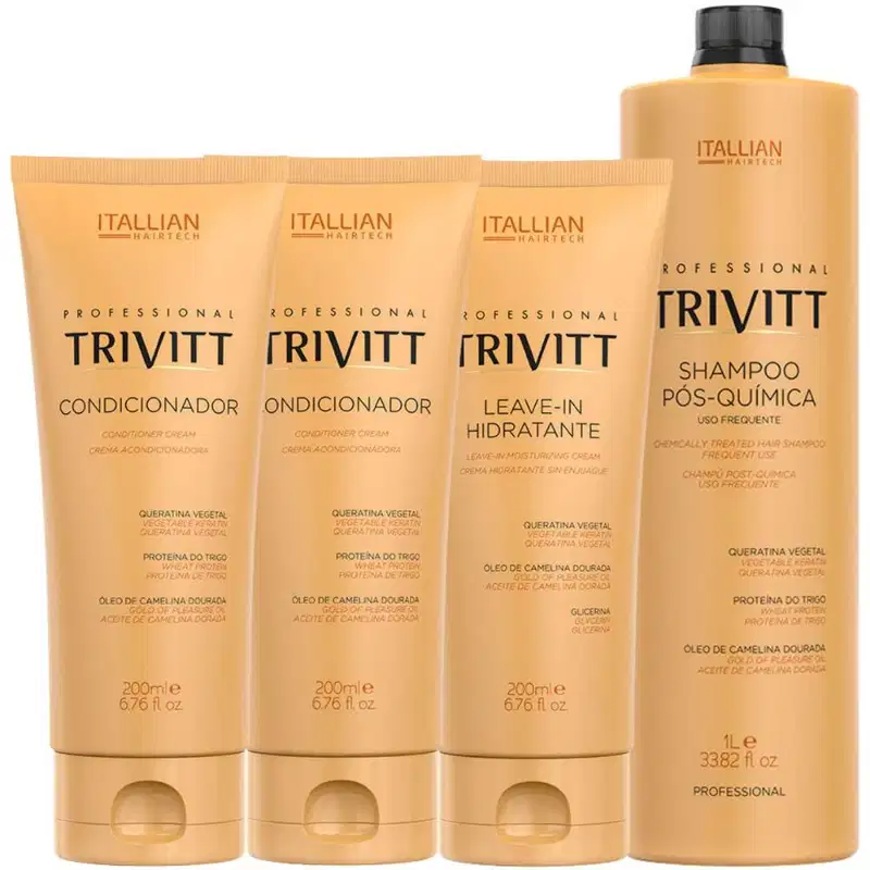 Um shampoo pós-química, dois condicionadores e um leave-in hidratante.