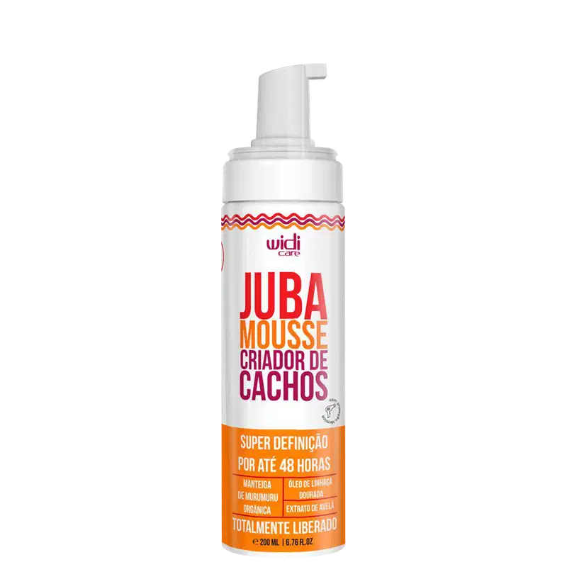 Embalagem plástica branca com bomba doseadora. Rótulo vermelho, laranja e roxo com texto em português descrevendo o produto como "Super Definição por até 48 horas" e listando ingredientes como manteiga de murumuru, óleo de linhaça dourada.