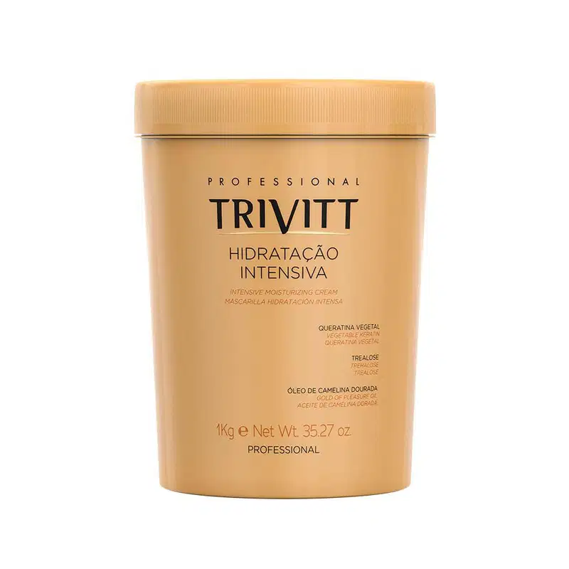 É um creme hidratante intensivo para cabelos da marca Trivitt Professional. O produto vem em uma embalagem plástica opaca na cor bege claro.