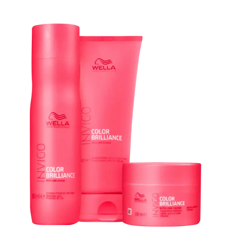 Três produtos de cuidados capilares da linha Color Brilliance da marca Wella Professionals. O primeiro é um shampoo. O segundo é um condicionador. O terceiro é uma máscara capilar. Todos em embalagens rosa vibrante.