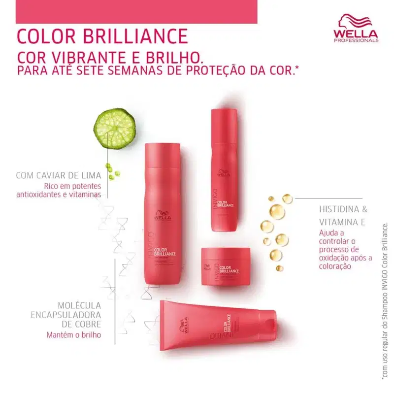 A imagem mostra quatro produtos da linha Invigo Color Brilliance espalhadas. Perto dos produtos estão mencionados alguns ingredientes principais da fórmula e seus benefícios.