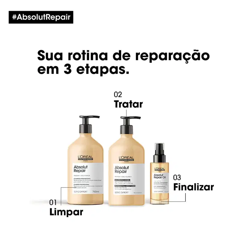 A imagem mostra produtos da linha Absolut Repair da L'Oréal Professionnel, indicados para uma rotina de reparação em três etapas. São apresentados dois frascos grandes de shampoo e condicionador. Também há um frasco menor de óleo reparador.
