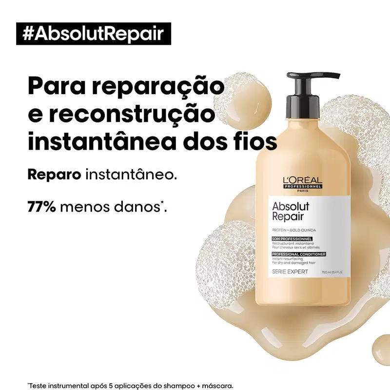 Produto de cuidado capilar da linha L'Oréal Professionnel Série Expert Absolut Repair. Embalagem de plástico em formato de frasco bomba. Rótulo com texto em português descrevendo o produto como "Para reparação e reconstrução instantânea dos fios".