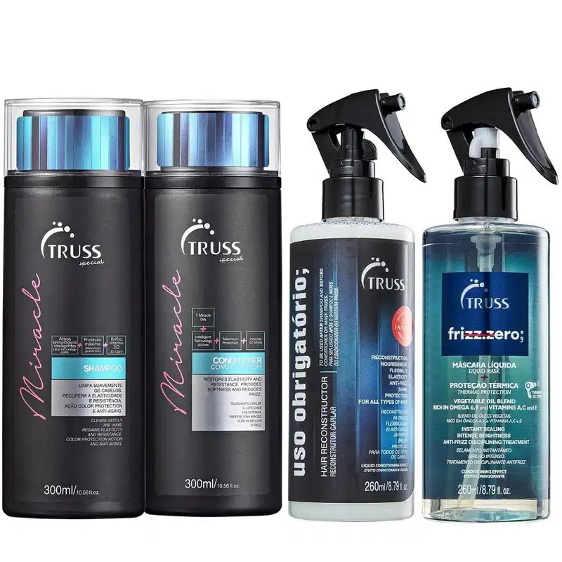 O conjunto de produtos Truss inclui shampoo, condicionador, máscara líquida e spray anti-frizz em embalagens pretas e azuis com detalhes em branco. As embalagens possuem rótulos com o nome da marca e informações sobre os benefícios dos produtos.