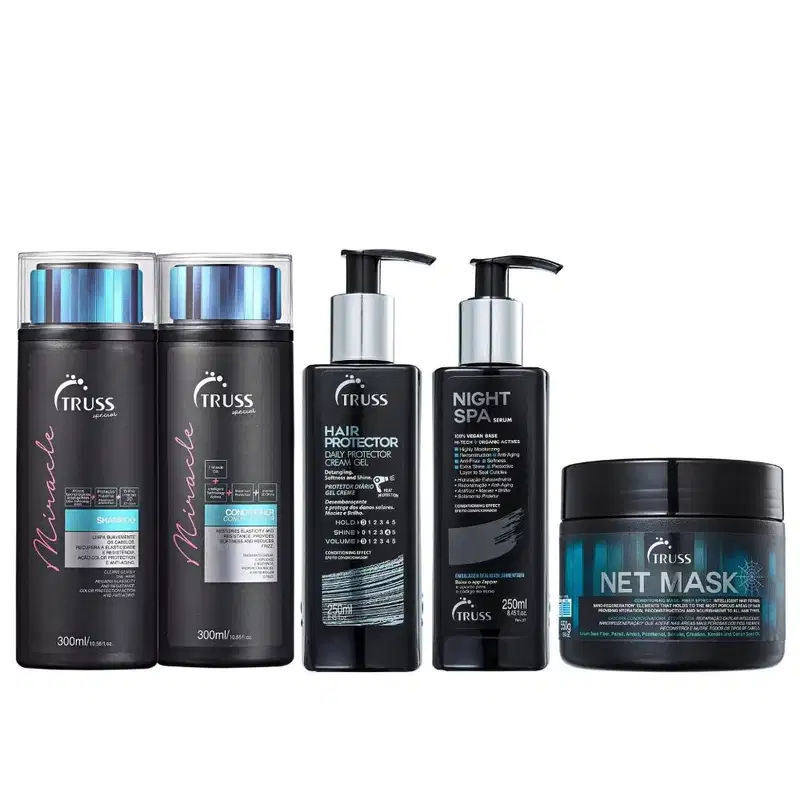 Kit TRUSS Miracle + Hair Protector + Night SPA + Net Mask, 5 produtos.