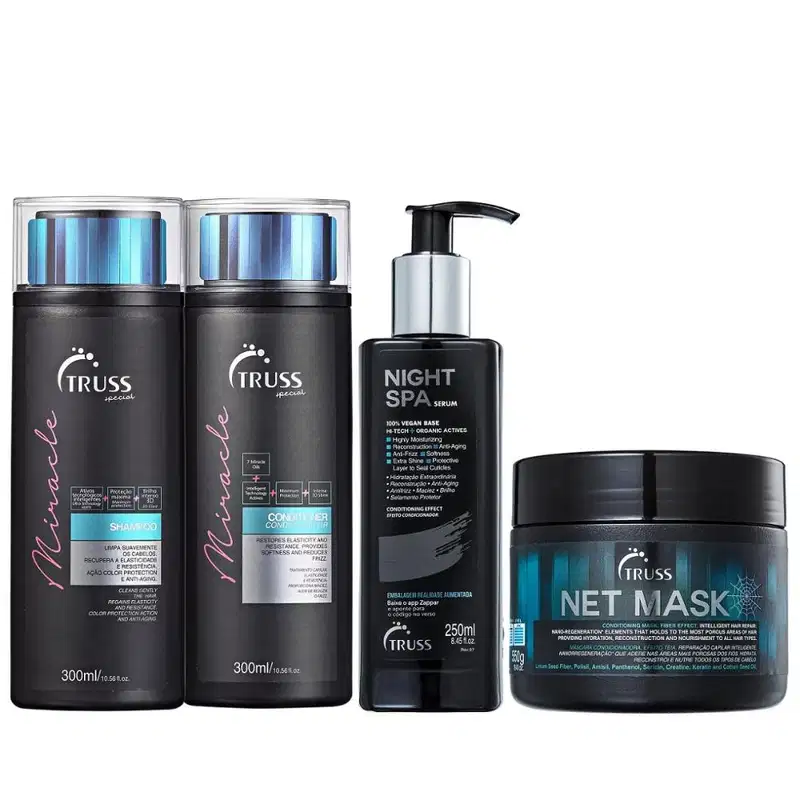 O conjunto de produtos Truss inclui shampoo, condicionador, sérum para noite e máscara capilar. As embalagens são em tons de preto e azul, com rótulos e informações sobre os benefícios dos produtos.