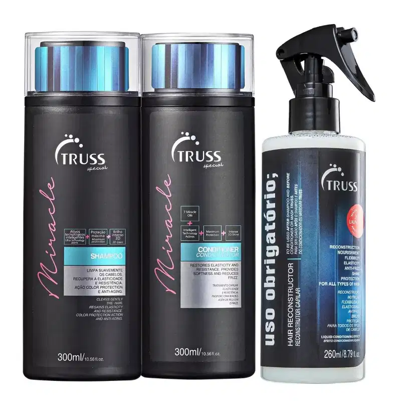 A imagem mostra três produtos da marca TRUSS, com dois frascos pretos de shampoo e condicionador da linha Miracle, com detalhes em azul e rosa claro, e do lado direito, um borrifador plástico preto com fundo azulado.