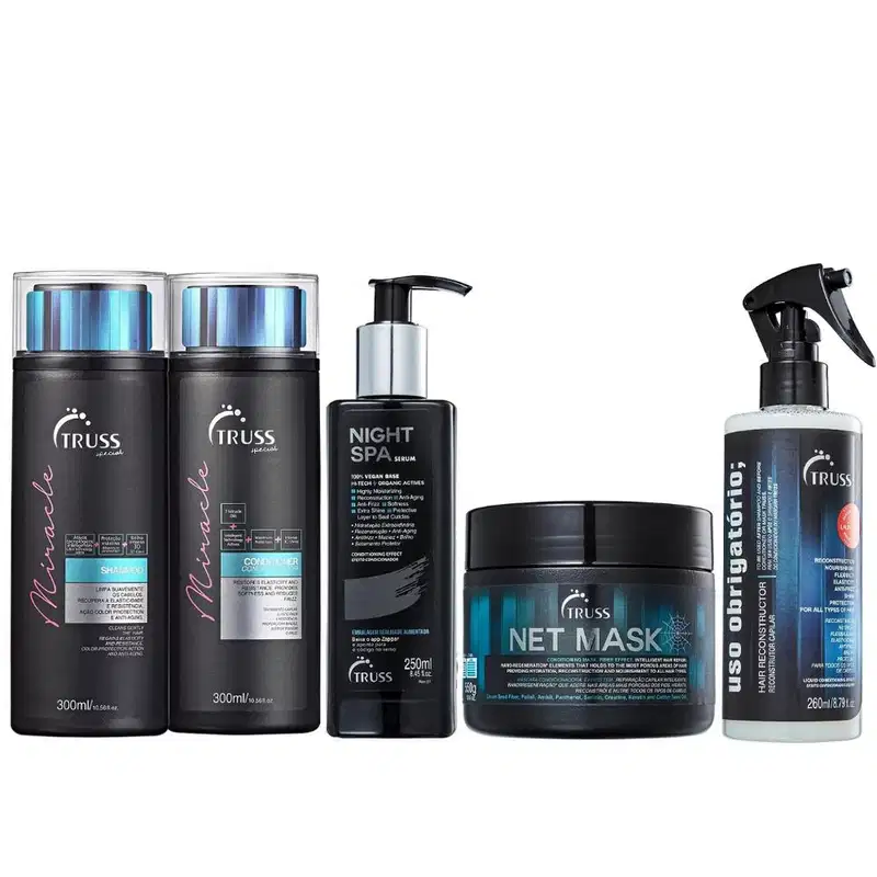 Conjunto de produtos de beleza da marca Truss, incluindo shampoo, condicionador, sérum noturno, máscara e spray para cabelos. Embalagens em preto, branco e tons azulados, com rótulos e informações sobre os produtos.