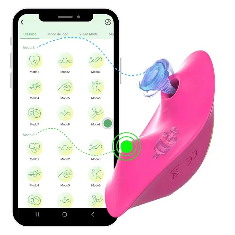 Vibrador rosa com aplicativo de controle, exibindo diferentes modos de vibração no display do smartphone.