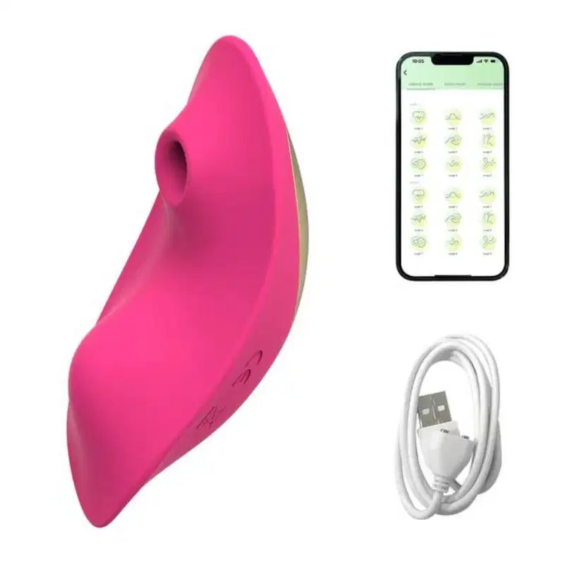 Vibrador rosa em formato de onda, com aplicativo de controle remoto via smartphone. Acompanha cabo USB para carregamento. Produto da marca Sexy Import.