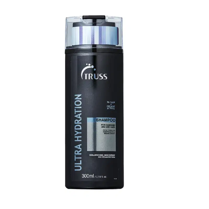 A imagem mostra um frasco de 300ml de shampoo preto.