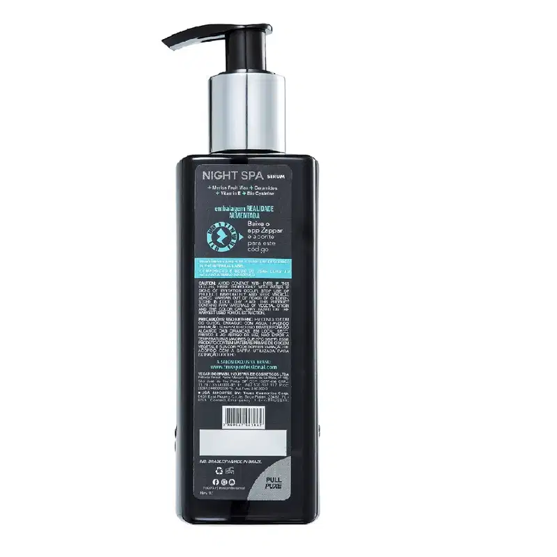 A imagem mostra um frasco de sérum com tampa pump preta, de costas.