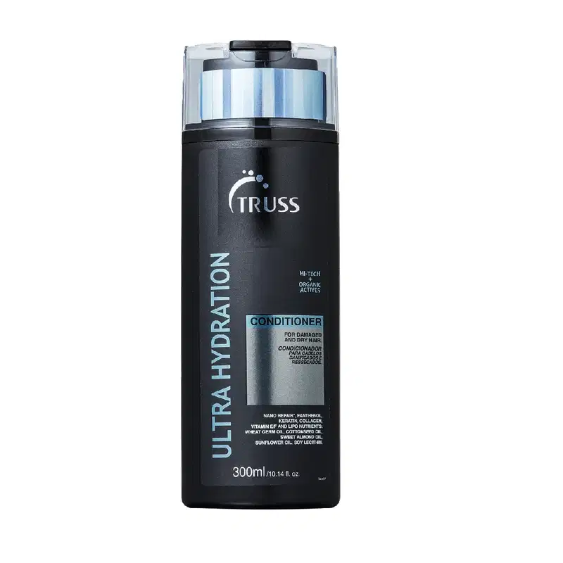 A imagem mostra um frasco de 300ml de condicionador preto.