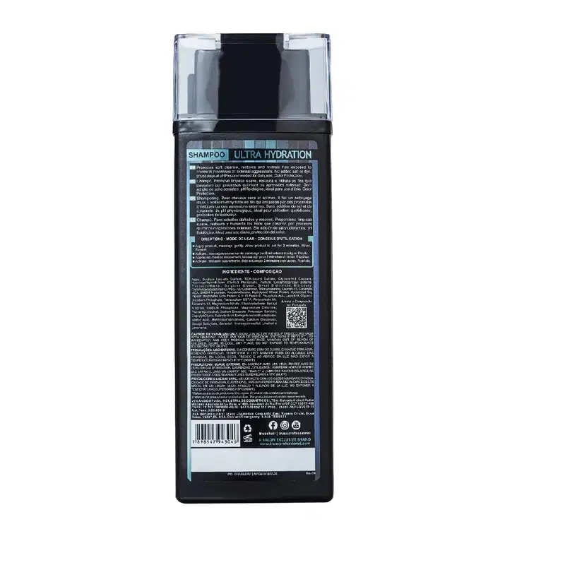 A imagem mostra um frasco de 300ml de shampoo preto, de costas.