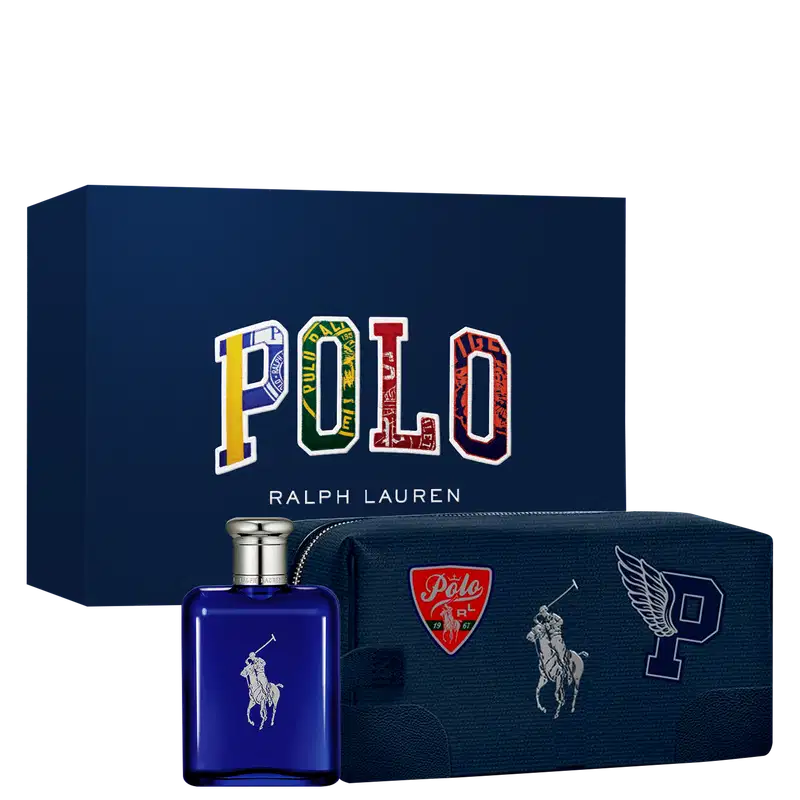 Conjunto de produtos Ralph Lauren Polo. Perfume em frasco retangular azul escuro com o logotipo do cavalo branco e tampa prateada. Estojo azul marinho em tecido com o cavalo branco e o emblema Polo vermelho bordados.