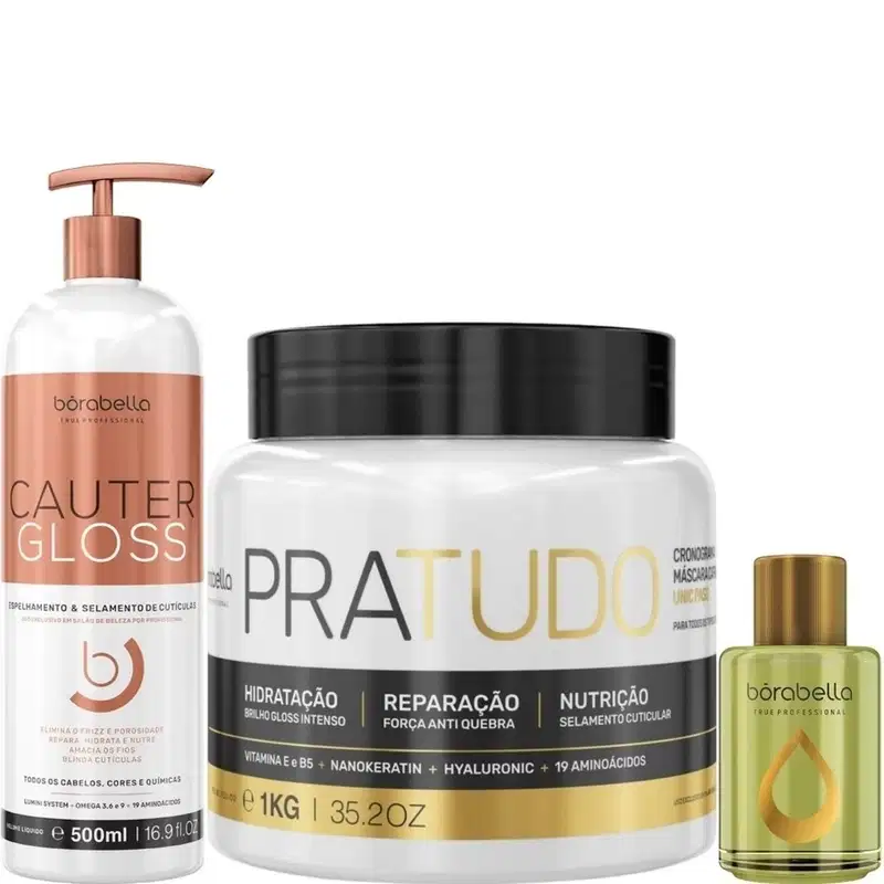 Borabella Cauter Gloss 500ml + Pratudo 1kg + Óleo Argan 7ml