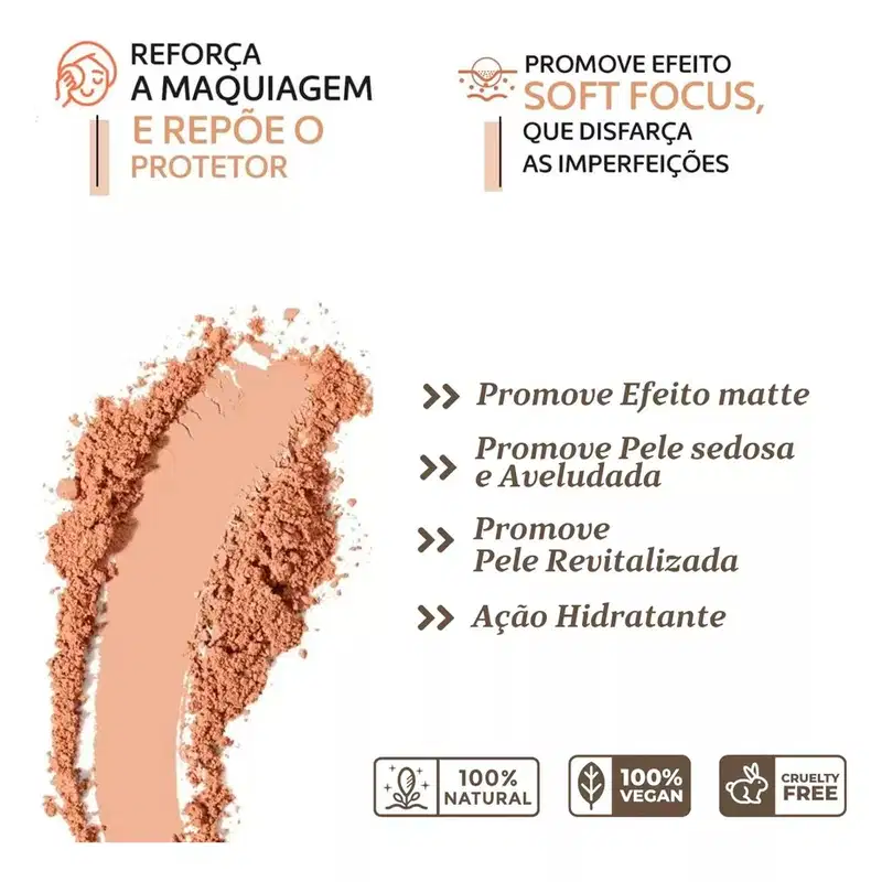 Reforça a maquiagem e repõe o protetor. Promove efeito soft focus, que disfarça as imperfeições. Promove efeito matte, pele sedosa e aveludada, pele revitalizada e ação hidratante.