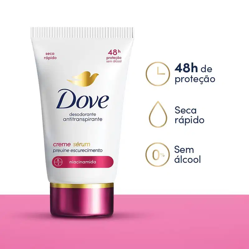 A imagem mostra o desodorante em creme com textos ao lado que destacam benefícios como: 48h de proteção, seca rápido e sem álcool.